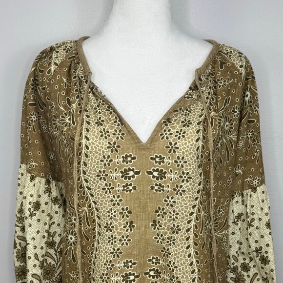D'ascoli Peasant Blouse Size Medium Brown Floral Long Sleeve Cotton Boho Resort - Picture 2 of 10